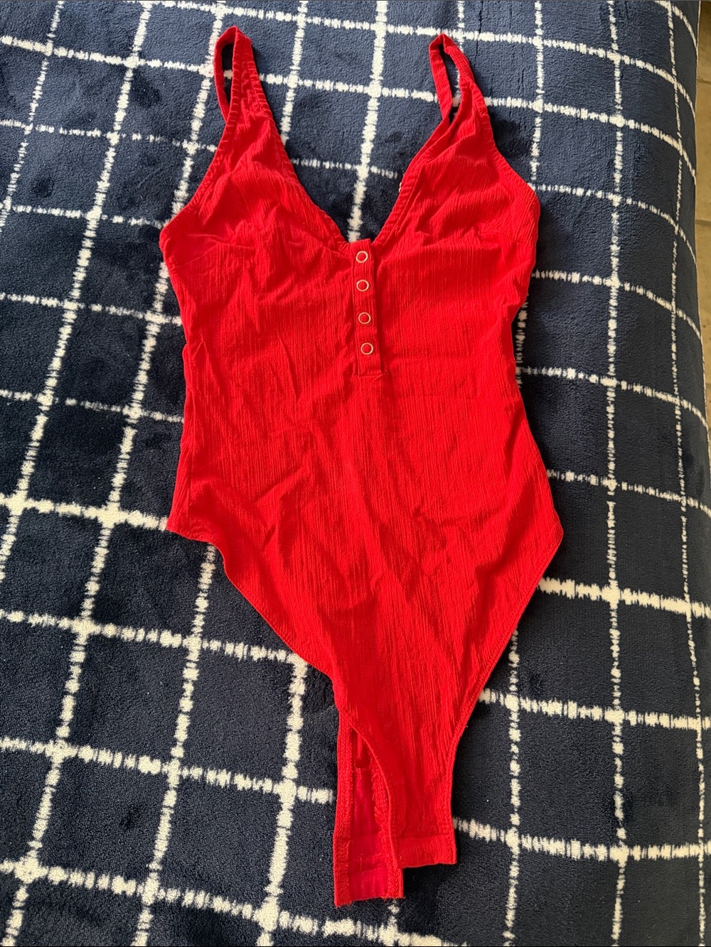 Free People Red Ribbed Scoop-Neck Bodysuit with Front Buttons
